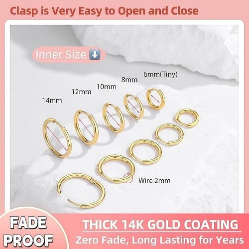 5 Pairs 14K Gold Plated Huggie Hoop Earrings for Women - Lightweight Minimalist Small Hoops, Hypoallergenic Nickel-free Lead-free, Non-Tarnish Everyday Jewelry for Sensitive Ears, Multiple Piercing Stack Set thumbnail 5