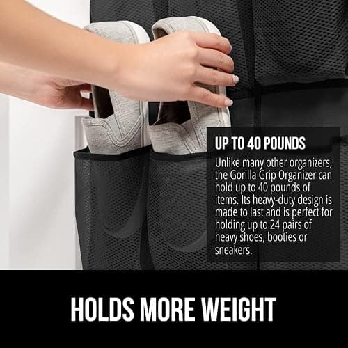 GORILLA GRIP Over the Door Shoe Organizer, 24 Large Breathable Mesh Pockets, Space Saving Hanging Storage Holder, Closet Rack Hanger Holds Up to 40 lbs, Hangs on Closets for Shoes, Accessories, Black thumbnail 4