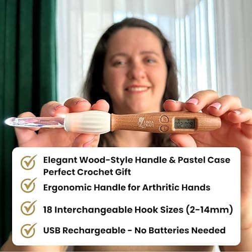 LineaCraft Counting Crochet Hook Set – 18 Sizes Interchangeable Hooks Kit, Light up, Digital Stitch & Row Counter, Ergonomic for Arthritic Hands with Pastel Crochet Hook Case – Crochet Gift thumbnail 4