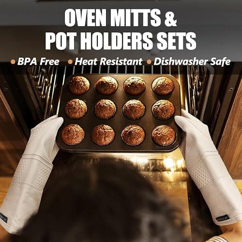 Rorecay Oven Mitts and Pot Holders Sets 6pcs, Extra Long Kitchen Silicone Oven Gloves High Heat Resistant 500 Degrees Non-Slip Potholders Hot Pads for Baking Cooking, Milkshake thumbnail 2