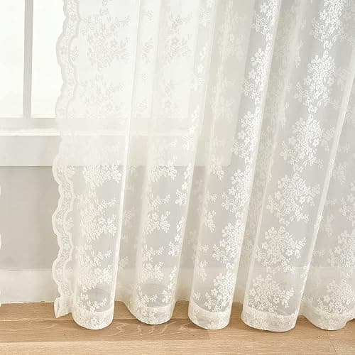YJ YANJUN Vintage Lace Curtains Elegant Flower Off White 132 inch Curtains 1 Pair Extra Long Cream Colored High Ceiling Drapes for Large Windows Patio Sliding Door 11 Foot 52" W x 132" L Ivory thumbnail 4