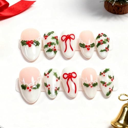 24pcs Christmas Press on Nails Short Almond Fake Nails with Red Rhinestones Designs Xmas Holly Bow False Nail White French Tip Acrylic Nails Cute Full Cover Glue on Nail for Women DIY Manicure - Image 1