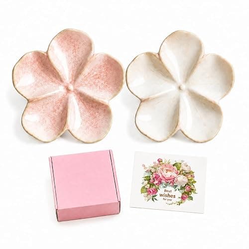 Ceramic Flower Jewelry Ring Trinket Dish Tray, Gifts for Women, 2 Pieces | Kiln-Variation Glaze, Organizer for Necklaces Bracelet Key, Aesthetic Nightstand Bedroom Bathroom Room Decor, Dishwasher Safe - Image 1