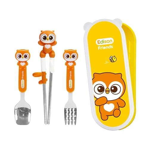 Edison Friends Owl Stainless Steel Chopsticks, Spoon, Fork and Case 4 Set - Right Handed, Yellow, Owl, Set of 4 pcs (Olly), Made in Korea - Image 1
