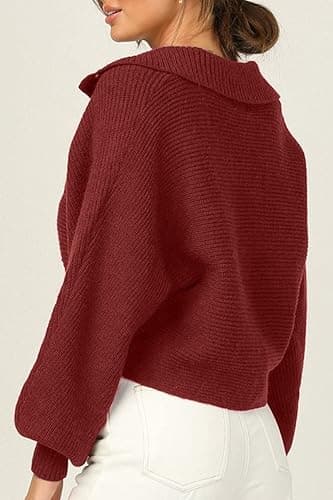 CHYRII Women Overized Puff Long Sleeve V Neck Knitted Polo Pullover Sweater Jumper Tops thumbnail 6