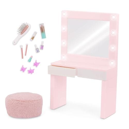Our Generation – 18-Inch Doll Accessories – Pink Vanity Table Playset – Light – up Mirror – Pretend Make – up & Styling Items – 3+ Years– Glam & Glow Vanity Set thumbnail 3