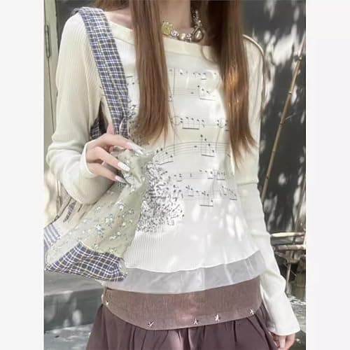 Dynict Women's Cute Y2K Graphic Sweatshirt Aesthetic Lace Patchwork Grunge Sweatshirt Slim Fit Long Sleeve Tops thumbnail 3