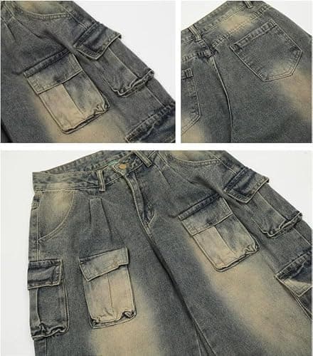 Hugboom Baggy Cargo Pants for Women Girls Wide Leg Jeans Y2k Hip Hop Streetwear Low Rise Oversized Jeans Grunge Clothes Blue thumbnail 6