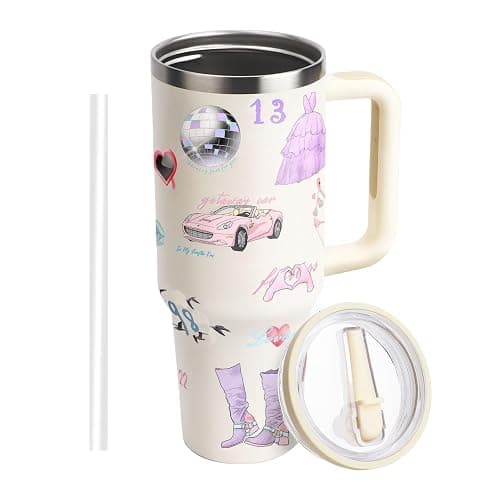 WALLFID 40oz Tumbler with Handle and Straw,Stainless Steel Insulated Water Cup,Reusable Leakproof Large Capacity Tumbler for Juice Coffee,Great Gift for Teens and Singer Lovers (Lid B) - Image 1
