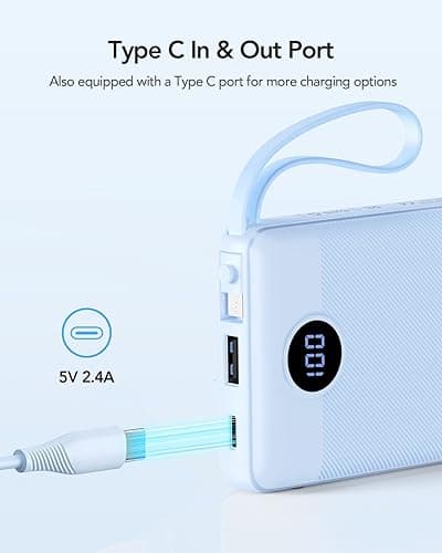 VRURC 10000mAh Power Bank Built-in Cables, Portable Charger with LED Display, Slim Travel Battery Pack with Cords, 5 Output Dual Input Phone Charger for Cell Phone Smart Devcies-Blue(1 Pack) - Blue thumbnail 3