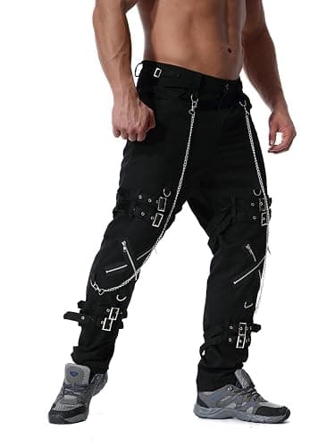 Idopy Men`s Steampunk Gothic Hip Hop Party Cosplay Punk Rock Techwear Pants Edgy Streetwear with Chain thumbnail 3
