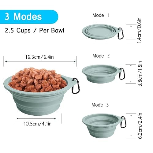 PetBonus 2-Pack Silicone Collapsible Dog Bowls, BPA Free Dishwasher Safe, Portable Foldable Expandable Travel Bowl, Food Water Feeding Cup Dish for Dogs Cats with 2 Carabiners (Turquoise, Tan) thumbnail 3