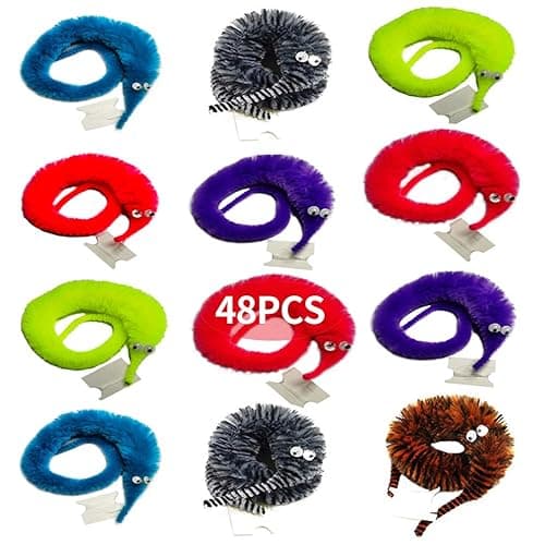 SHENGSEN 48Pcs Fuzzy Worm Toys Fuzzy Worms on String Trick Toy Carnival Kid Party Favors (6 Colors) - Image 1