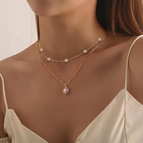 Pearl Necklaces for Women as Christmas Stocking Stuffers Gold Pearl Choker Single Pearl Necklace Layered Daisy Necklace Set as Christmas Gifts for Teen, Wedding Strands for Bride Bridesmaids thumbnail 2
