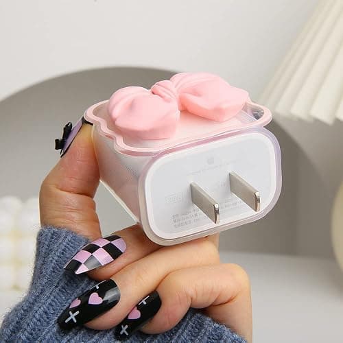 QLD COVER Compatible with iPhone 18W/20W USB-C Charger Cover Cute 3D Bow Tie Design Clear Soft Charger Protector Kawaii Cable Saver for iPhone 11 12 13 14 Pro Max Fast Power Adapter, Pink 2 (5in1) thumbnail 5