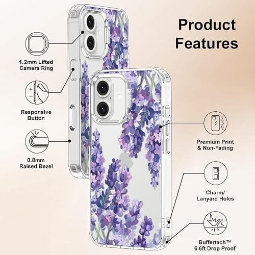 MOSNOVO Case for iPhone 16, [Buffertech 6.6ft Military-Grade Drop Protection] [Anti Peel Off Tech] Clear TPU Bumper Phone Case Cover Design - Lavender thumbnail 6