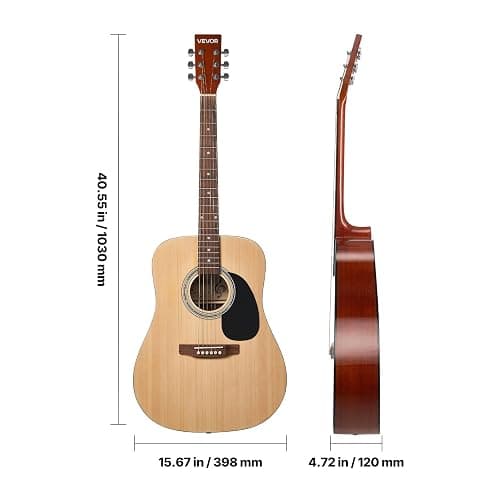 VEVOR Dreadnought Acoustic Guitar, 41 in, 6-String Natural Solid Spruce Top Guitar, Beginner Bundle with Gig Bag, Tuner, Strap, Strings, Picks, Capo, Rosewood Fingerboard, for Adults Taller Players thumbnail 9