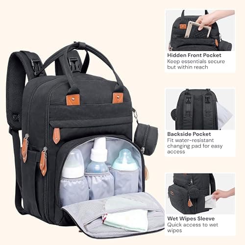BabbleRoo Diaper Bag Backpack - Baby Essentials Travel Tote - Multi Function Water Resistant Diaper Bag, Travel Essentials Baby Bag with Changing Pad, Stroller Straps & Pacifier Case - Unisex, Black thumbnail 5