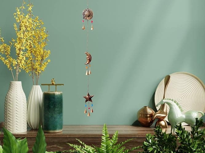 Mie Creations Sun Moon Star Face Wall Hanging Décor Chime Bells | Metal Cutouts Ornaments, Crescent Moon Phases Garland Art | Celestial, Earthy Decorations | Wicca Pagan Christmas Décor -Antique Gold thumbnail 5