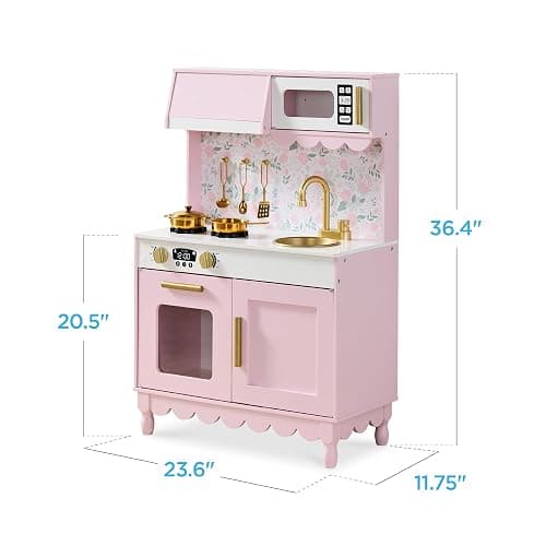 Best Choice Products Toddler Kitchen Playset, Wooden Cottage Kids Play Kitchen with 5 Accessories, Toy Storage, Scalloped Edge, and Pretend Play Microwave, Oven, Clicking Knobs - Pink thumbnail 2