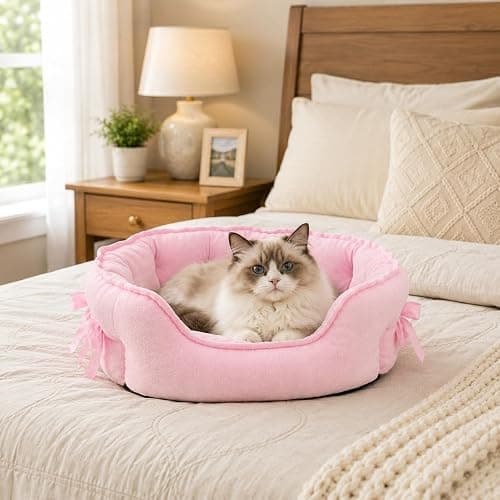 Pink Dog Bed for Small Breeds Breathable Princess Bowknot Puppy Cat Cushion | Soft Short Plush Cover PP Cotton Filling Moisture-Resistant Nonslip Oxford Base Lightweight Sofa Ideal Kittens Naps Lounging thumbnail 9