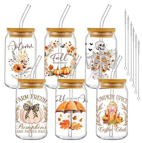Culudea Fall Glass Cups with Lids and Straws, 6 Pack 16oz Pumpkin Skeleton | Pumpkin Skeleton Fall Cute Coquette Drinking Glasses Straws Tumbler for Women Girls Friend Bridesmaid Birthday Party Gifts - Image 1
