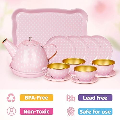 Tea Party Set for Little Girls, Princess Tea Time Toys Including Tin Teapot Set Cups Carrying Case, Toddlers Pretend Role Play Kids Kitchen Toys Birthday Gifts Age 3 4 5 6 thumbnail 4