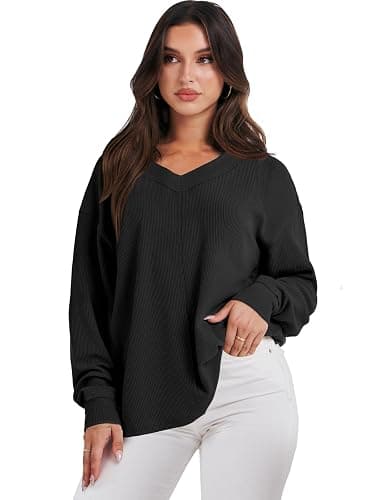 ANRABESS Oversized Long Sleeve Shirts for Women Off the Shoulder Sweatshirt Loose V Neck Tunic Tops High Low Sweater 2025 thumbnail 7