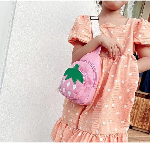 Hiflyer Pink Strawberry Sling Backpack, Small Backpack for Girls, Kawaii Bag, Lightweight Canvas, Adjustable Shoulder Strap, Zipper, 8x5x2 inches thumbnail 2