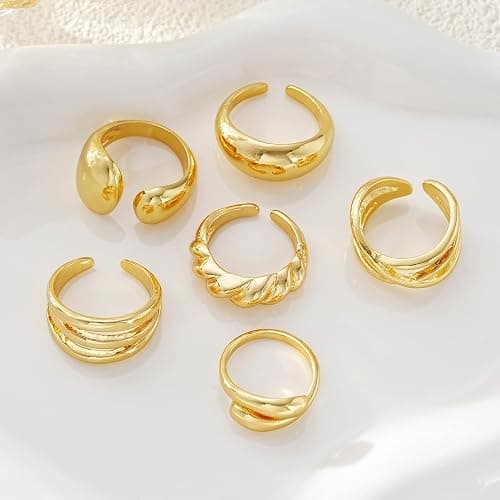 17 MILE Chunky Gold Stackable Rings for Women Non Tarnish, 18K Gold-Plated Statement Open Stacking Rings, Knuckle Band Ring Set thumbnail 4