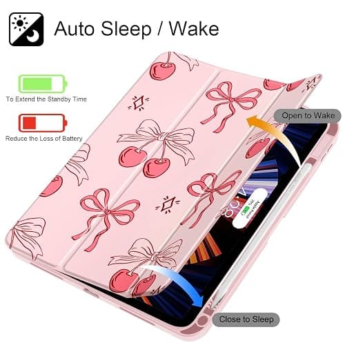 May Chen Case for iPad Air 11 (M3 2025 / M2 2024) 7th 6th, iPad Air 4 & 5 10.9 Inch 5th 4th (2022/2020), [Penceil Holder] Trifold Stand Auto Wake/Sleep TPU Protection Back Cover, Coquette Cherry Bow thumbnail 3