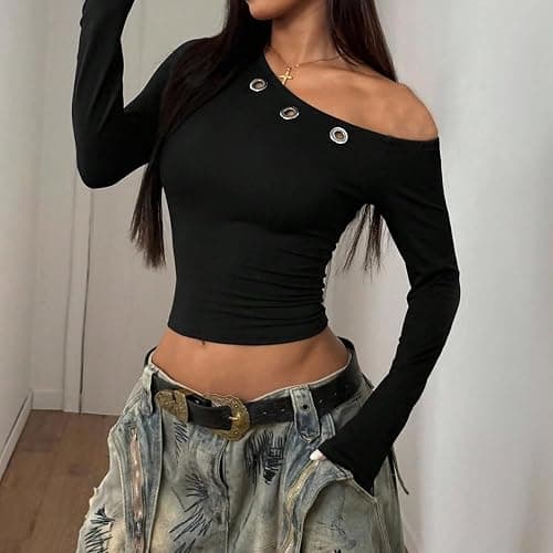 LOFAAC Women Sexy Off Shoulder Metal Ring Decor Long Sleeve Tops Y2K Slim Fit Ruched Grommet Hollow Out Pullover Top thumbnail 2
