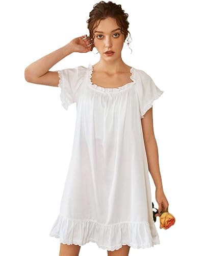 Nanxson Women's Cotton Nightgown Short Sleeve Sleepwear Vintage Nightshirt | Summer Victorian Sleepdress,White Sleepshirt,U Neck Lace Loungewear,Soft Nightshirt,Loose Loungedress,Bride Nightwear thumbnail 2