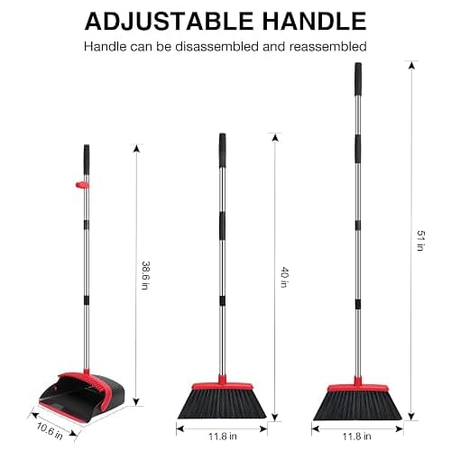 NACENA Broom and Dustpan Set, 52-in Long Adjustable Handle Broom Dustpan Combo with Dustpan Teeth to Automatically Clean Hair Suitable for Home Kitchen Office Hall Floor（Black&Red） - Medium - Black Red thumbnail 3