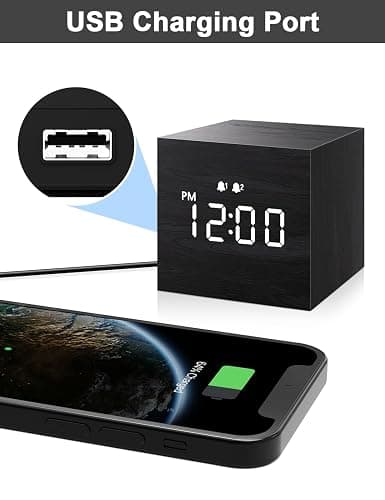 JALL Digital Alarm Clock, with Wooden Electronic LED Time Display, Dual Alarm, 2.5-inch Cubic Small Mini Wood Made Electric Clocks for Bedroom, Bedside, Desk, Black thumbnail 2