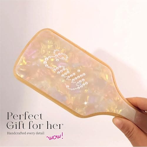 Personalized Rhinestone Hair Brush with Name - Custom Bling Hairbrush for Women & Girls, Handmade Marble Bamboo Wood Brush for Scalp Massage, Detangling, Gifts(Shell White) thumbnail 9