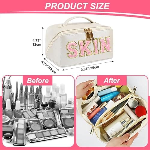 GINOYA Large Capacity Toiletries Bag, Birthday Gift for Girl, Ladies Makeup Organiser Bag with Skin for Skincare Preppy Makeup Pencil Case Cosmetic Travel Pouch thumbnail 5