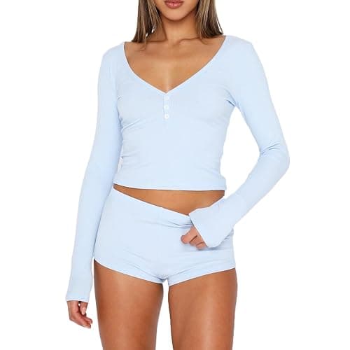 RUEWEY Womens Ribbed Knit Pajama Sets Long Sleeve Top and Shorts Matching Lounge Set PJ Set 2 Piece Outfits - Image 1