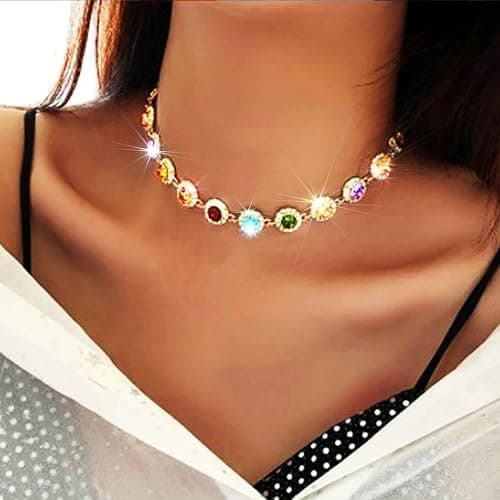 ACEDRE Colorful Crystal Choker Necklace Sparkly Rhinestone Chokers Necklaces Gold Chain Party Prom Neck Jewelry for Women thumbnail 4