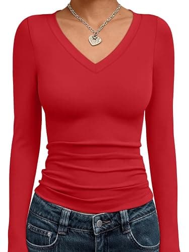 Trendy Queen Long Sleeve Shirts for Women 2025 Fall Fashion V Neck Basics Crop Tops Slim Fitted Y2K Tops Outfits Clothes - Image 1
