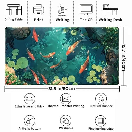 Koi Fish Desk Mat Gaming Koi Pond Desk Pad Large Cute Mouse Pad, Goldfish Mouse Mat XXL Laptop Keyboard Pad, Blue Waters Gamer Mouse Pad Full Mousepads Cool Office Accessories 31.5"x15.7" thumbnail 3