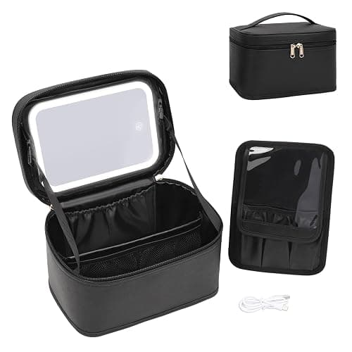 OCHEAL Makeup Bag With LED Mirror, Travel Makeup Bag With 3 Color Setting Light Up Mirror Cosmetic Makeup Organizer Vanity Case for Women Beauty Tools Accessories Rechargeable Makeup Travel Bag-Black - Image 1