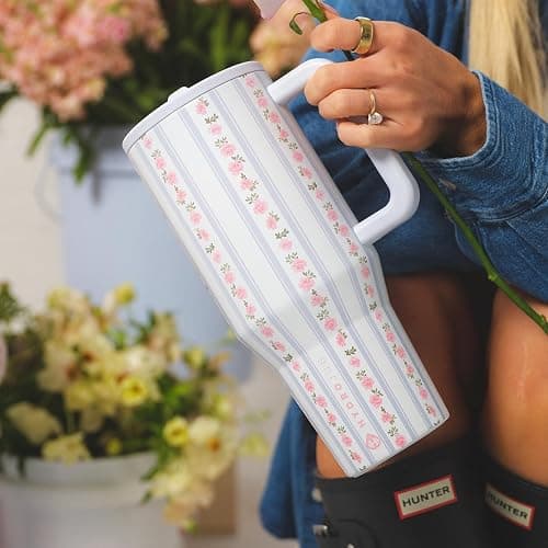 HydroJug Traveler - 40 oz Water Bottle with Handle & Flip Straw - Fits in Cup Holder, Leak Resistant Tumbler-Reusable Insulated Stainless Steel & Rubber Base - Gifts for Women & Men, Primrose thumbnail 2