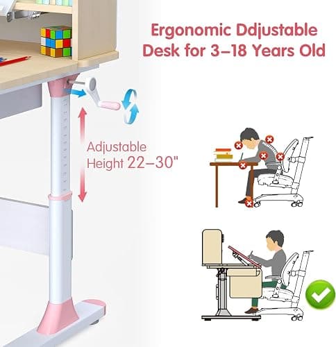 FCD Wood Adjustable Height Kids Study Desk with Chair, Reading Homework Drawing Table Computer Station Built-in Bookshelf Hutch, Tablet Holder, Tiltable Desktop and Storage Drawer (Pink, Wood of Fir) thumbnail 5