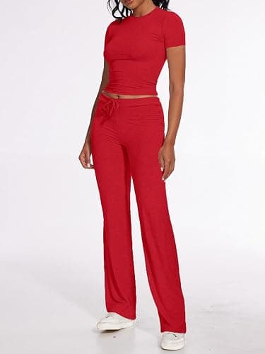 AnotherChill Women's 2 Piece Lounge Sets Straight Leg Pants Set Short Sleeve Crop T-shirt Casual Outfits Comfy Loungewear thumbnail 3