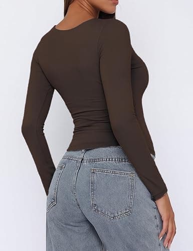 ForeFair Womens Casual V Neck Long Sleeve Shirts Going Out Double Lined Crop Tops Slim Fitted Basic Tee thumbnail 4