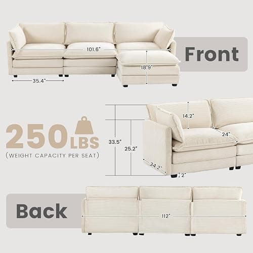 ROWHY Oversized Modular Sectional Sofa with Movable Ottoman, 112 Inch 4 Seat Modern Corduroy Sofa Set, Convertible L Shaped Couch for Living Room and Office, Beige thumbnail 2