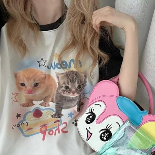 Women's Kawaii Cat Print T-Shirts Cartoon Letter Japan Style Kitten Short Sleeve Cute Print Tops Sweet Girl Y2k Tee Tops thumbnail 5