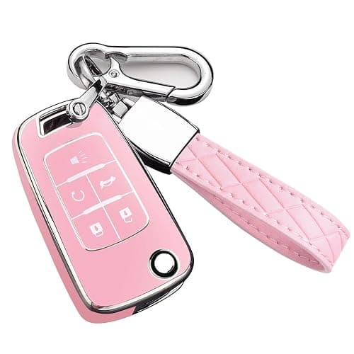 Cacacar for Chevy Key Fob Cover with Keychain, Premium TPU Full Protection Key Fob Case for Chevrolet Equinox Camaro Cruze Malibu Sonic Buick Terrain (5 Buttons Pink) - Image 1