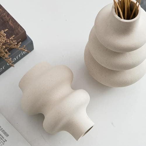 Sowlvenco Ceramic Vase Set of 2 - Off White Boho Round Vases, Modern Pampas Vases, Dried Flower Vase Home Decor for Centerpieces Wedding Dinner Table Party Living Room Office Bedroom thumbnail 5